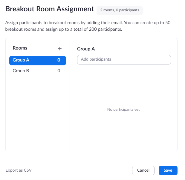 Zoom screenshot showing breakout room assignments