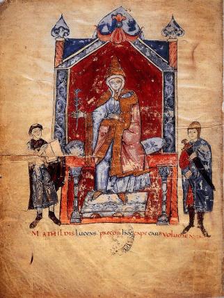 Matilda enthroned in the Vita Mathildis, the book on her life. It depicts Matilda receiving the manuscript for the Vita Mathildis. 