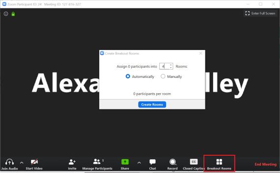 Zoom screenshot showing start breakout rooms