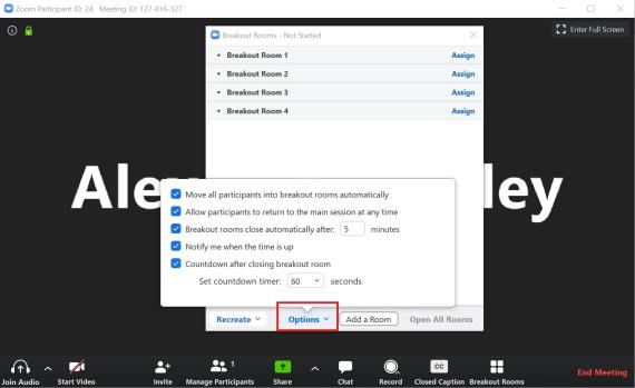 Zoom screenshot showing breakout room settings