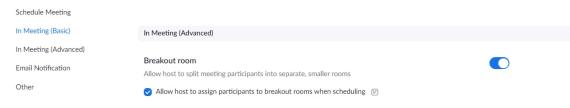 Zoom screenshot showing breakout room settings