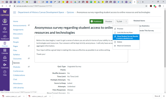 Screenshot of publishing a quiz in Canvas