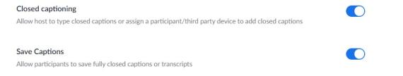 Zoom screenshot showing captioning settings