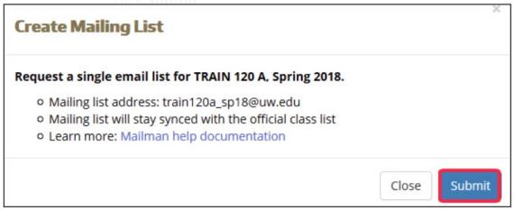 Screenshot of how to submit a mailing list in Canvas