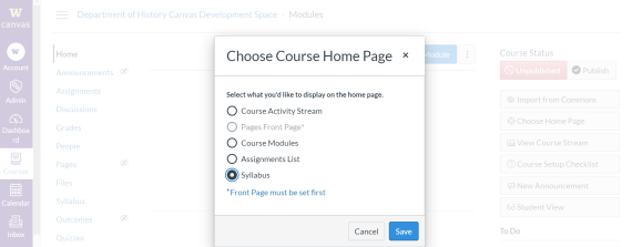 Screenshot of the Canvas homepage setting popup window