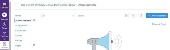 Screenshot of the Canva announcements page with the new announcement button highlighted