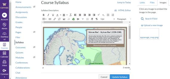 Screenshot of the Canvas syllabus update page with the update syllabus button highlighted
