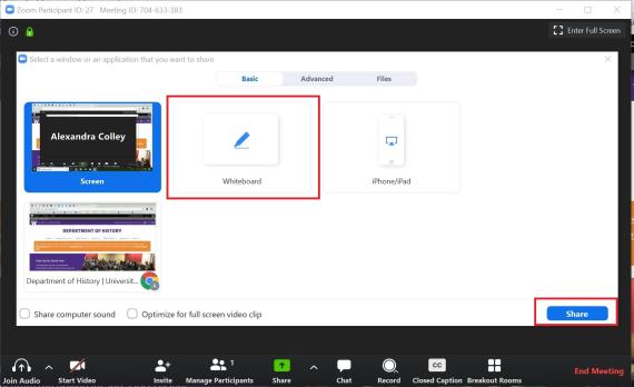 Zoom screenshot showing share whiteboard