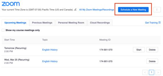 Canvas Zoom app screenshot showing schedule meeting button