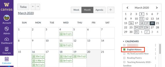 Zoom Canvas app screenshot showing course calendar