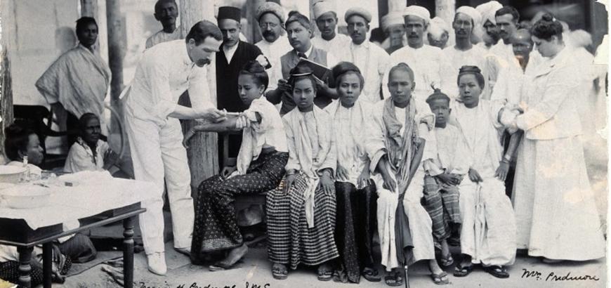 Giving inoculations against bubonic plague, Mandalay, 1906